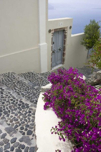 Greece, Santorini, Oia Pebbled stree stairs